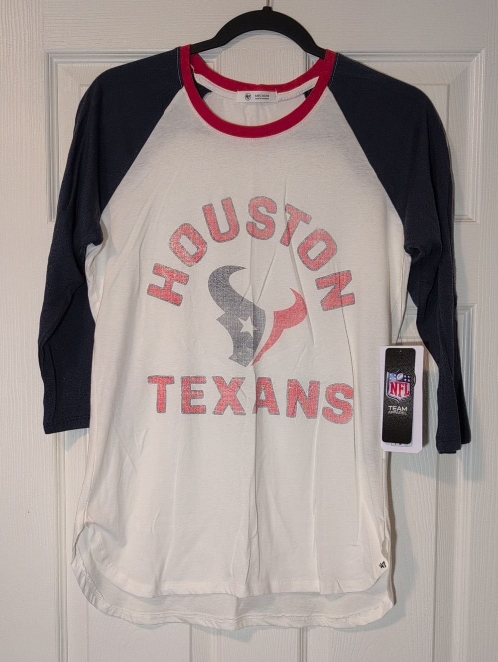 Women's 47 Brand Houston Texans 100% Cotton 3/4 Length Sleeve Raglan Tee - Sz. M